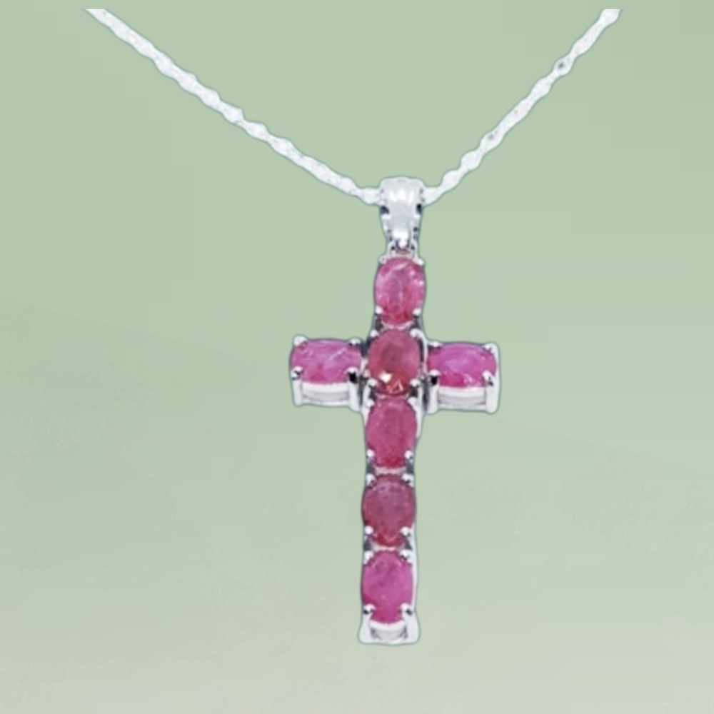 Sterling Silver Lab Grown Pink Sapphire Cross Pendant Necklace. NWOT - Picture 2 of 7